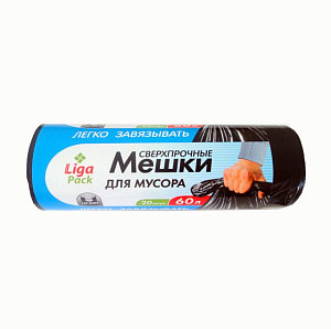 Мешок для мусора  60л. /60*80см 25мкм/ "Лига" с УШКАМИ ПВД (20шт.х 30 рул*кор) /10776/ 56
